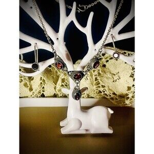 Antique Vintage Art Noveau Silver Garnet Necklace 18" Adjustable & Earrings Set